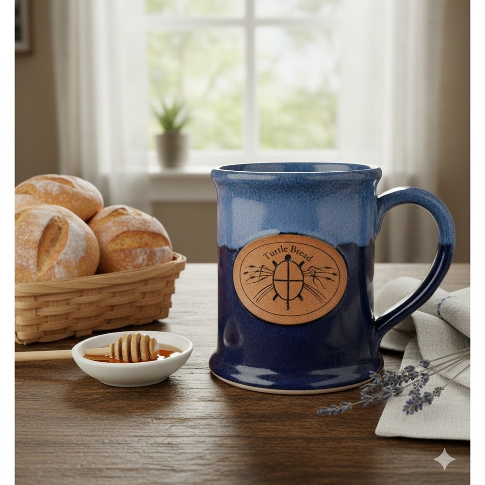 Turtle Bread Company Pottery Coffee Mug Blue Drip Glaze Stoneware Medallion Logo